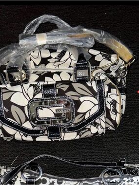 Guess Black and White Floral Satchel with Patent Trim